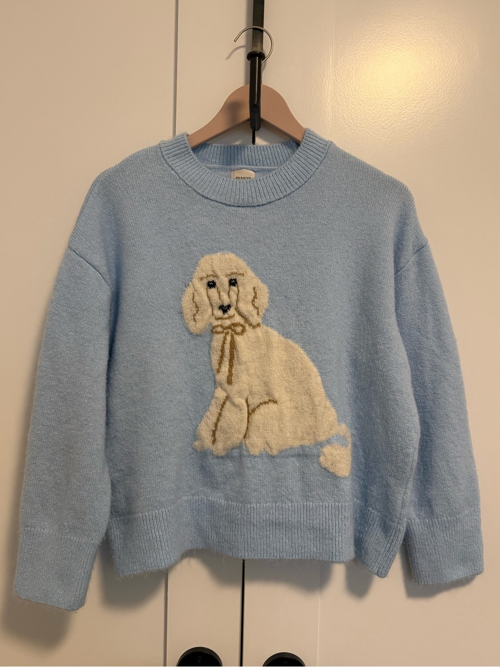 Maeve Light Blue Crewneck Sweater with Cream Dog Appliqué